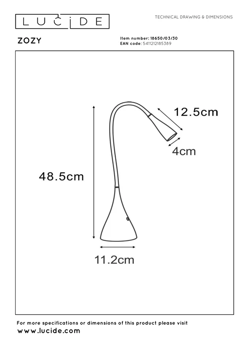 Lucide ZOZY - Bureaulamp - LED Dimb. - 1x4W 3000K - Zwart - technisch